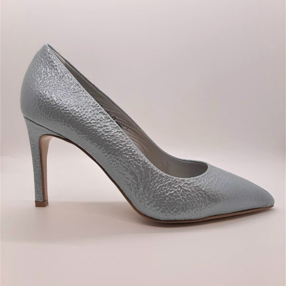 Silver Blue Leather Closed Toe Heels
